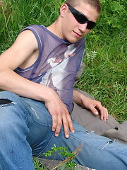 Naughty outdoor enthusiast Hubert playing with his cock on a green meadow - Gay boys pics at Twinkest.com