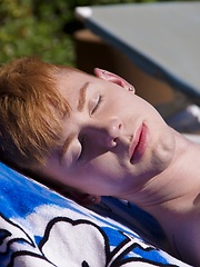 Super sexy twink Kyler Ash is laying out by the pool when out comes toned jock Evan Parker